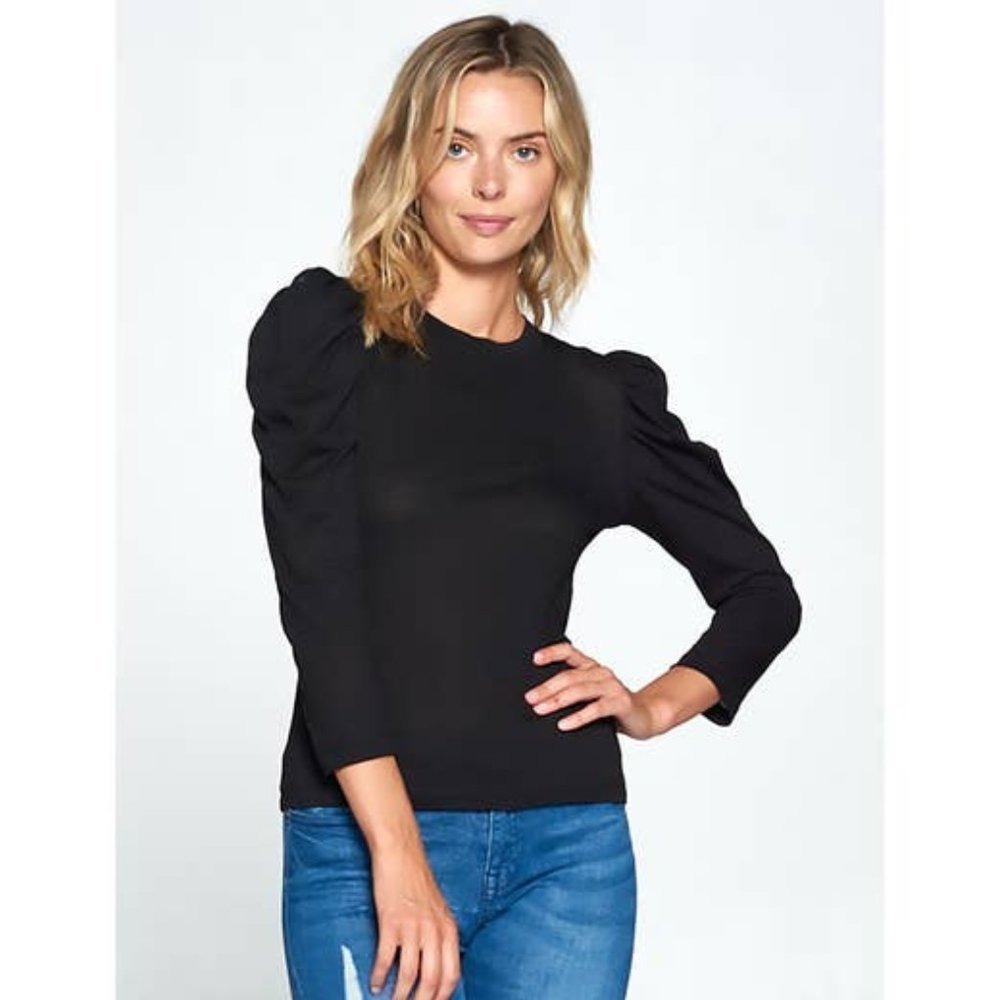 Solid Scoop Neck Puff Sleeve Top